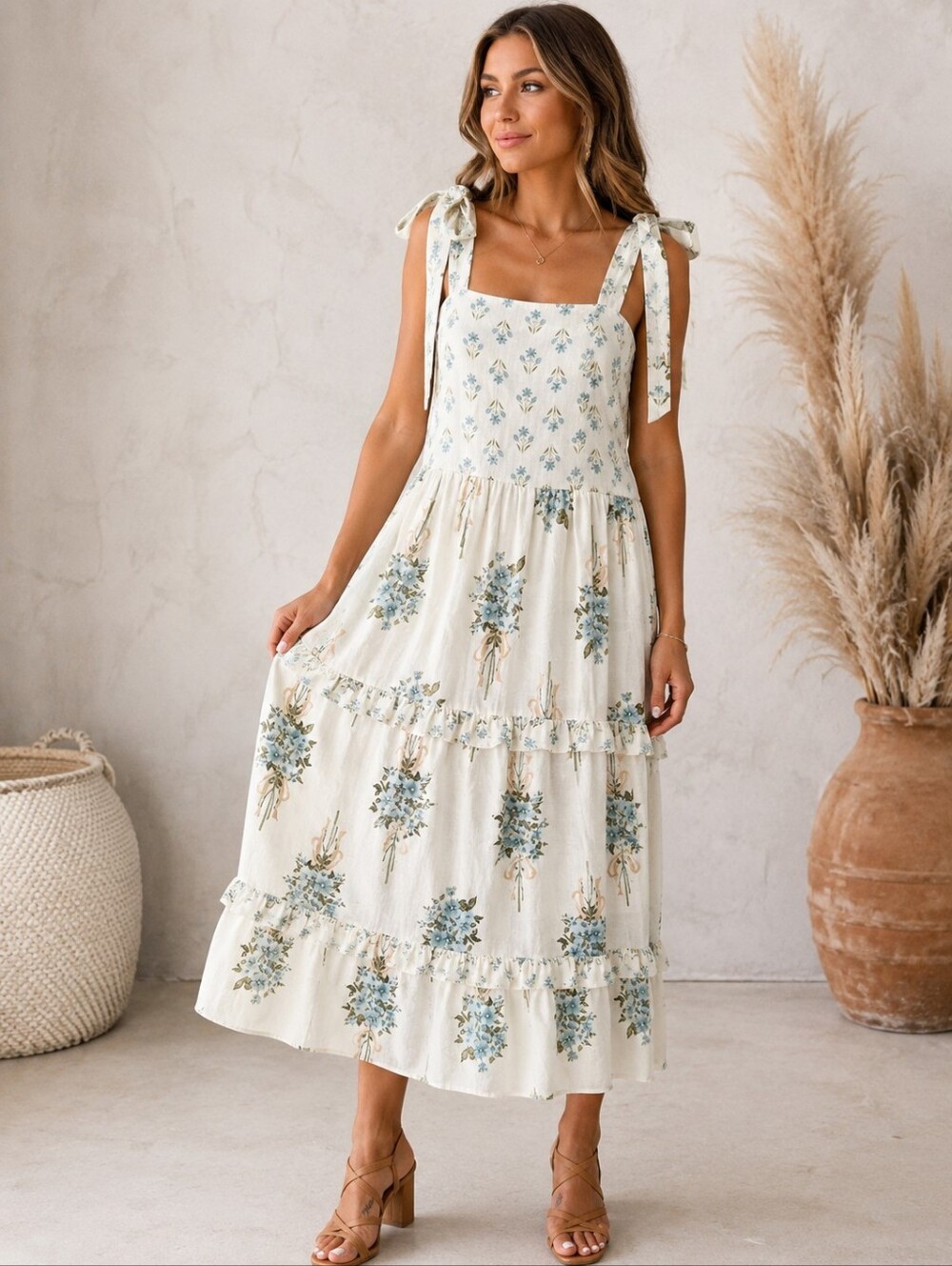 NWT August Sky Floral Tie Strap Tiered Maxi Dress Size Medium Cottagecore